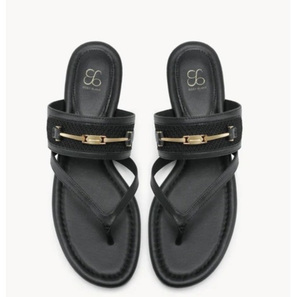 Cosy Island VillaStroll Toe-Post Thong Flat Sandals Black Gold Women Size 9 NEW